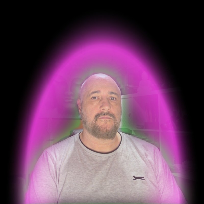 Chris Conway's own aura photo from Aura Booth: green core, violet breath, magenta outer light